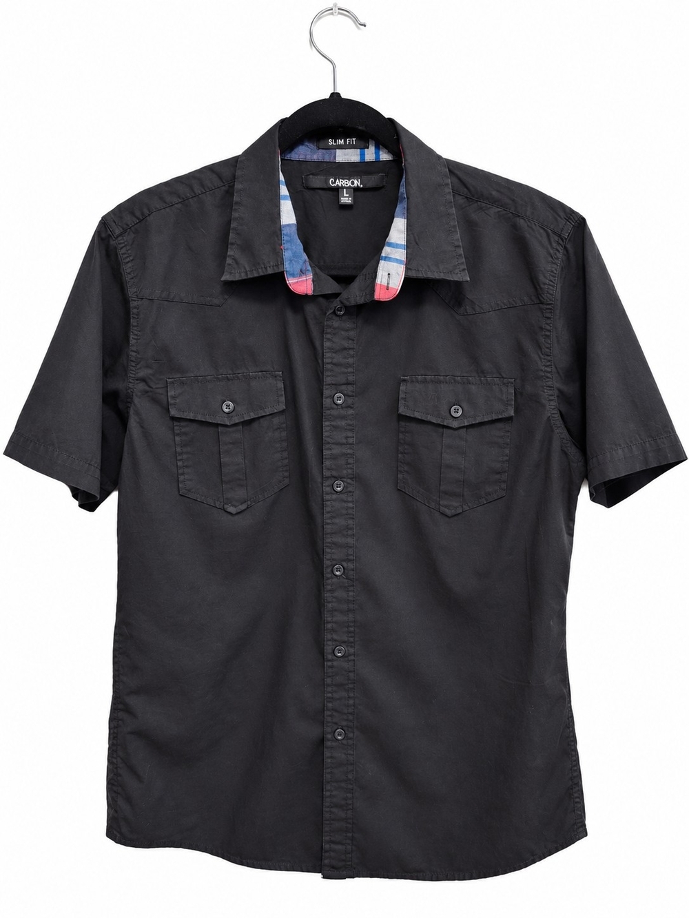Carbon Men’s L Slim Fit Black Short Sleeve Button Up Shirt Plaid Trim